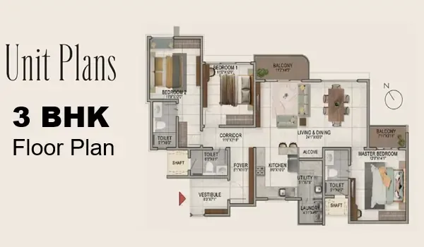 Indicative 3 BHK + 2T floor plan of 1,500 sq. ft. at Prestige Electronic City, Bommasandra