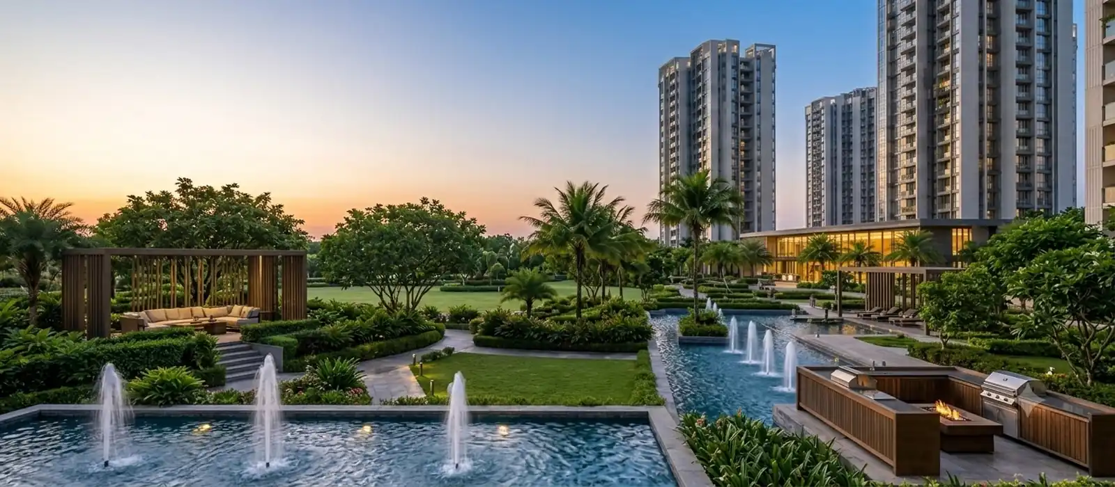 Artistic dusk aerial impression of the residential towers and open green spaces at Prestige Electronic City, South Bengaluru