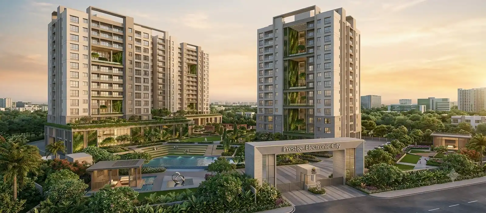 Artistic aerial impression of the 6-acre Prestige Electronic City site at Bommasandra, Bengaluru