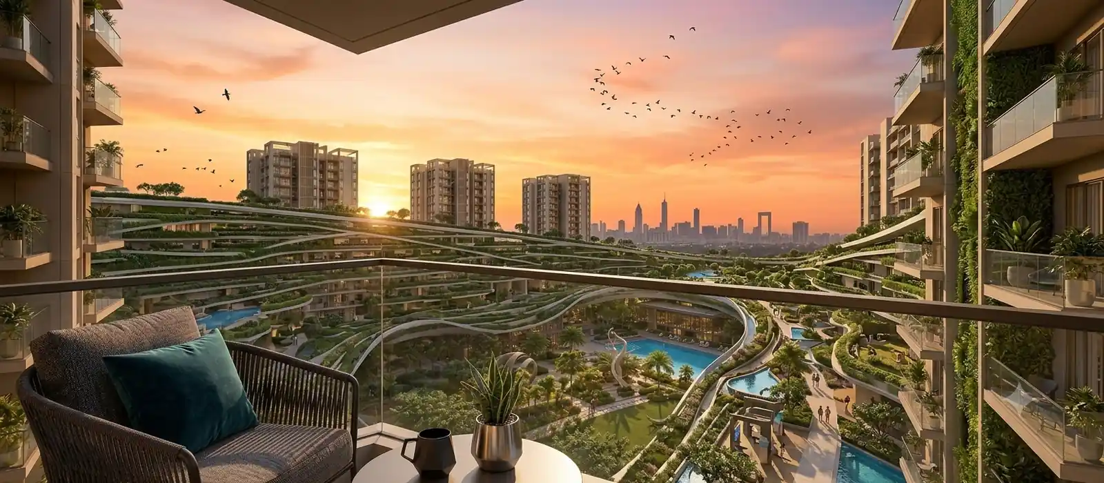 Artistic impression of an apartment balcony overlooking landscaped greens at Prestige Electronic City