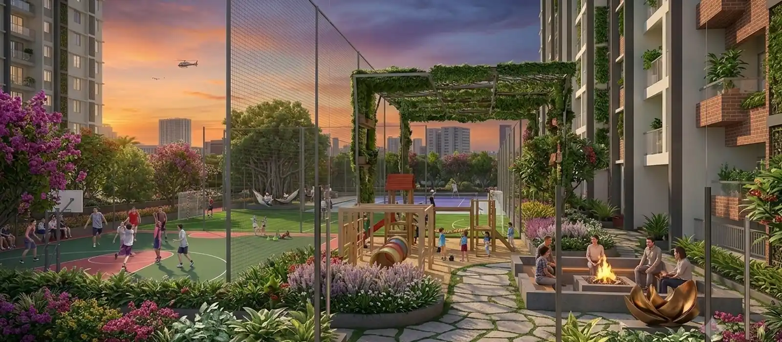 Sports Facility Category — Representative Imagery Outdoor sports court marked for basketball inside a gated residential development