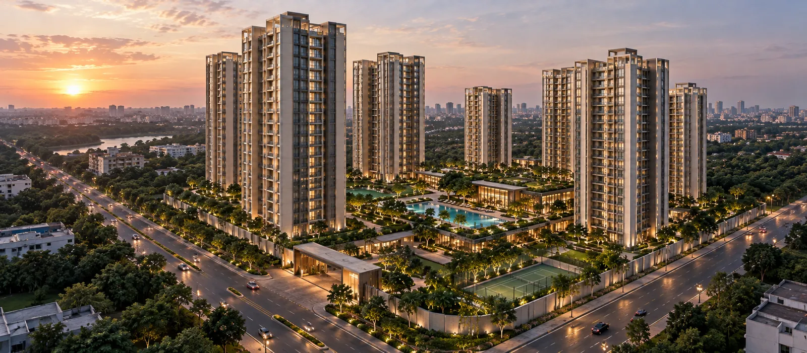 Artistic impression of a landscaped green with walking pathways beside the high-rise towers at Prestige Electronic City