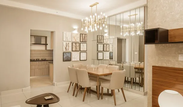 Representative impression of an open-plan dining area adjoining the living space in an apartment