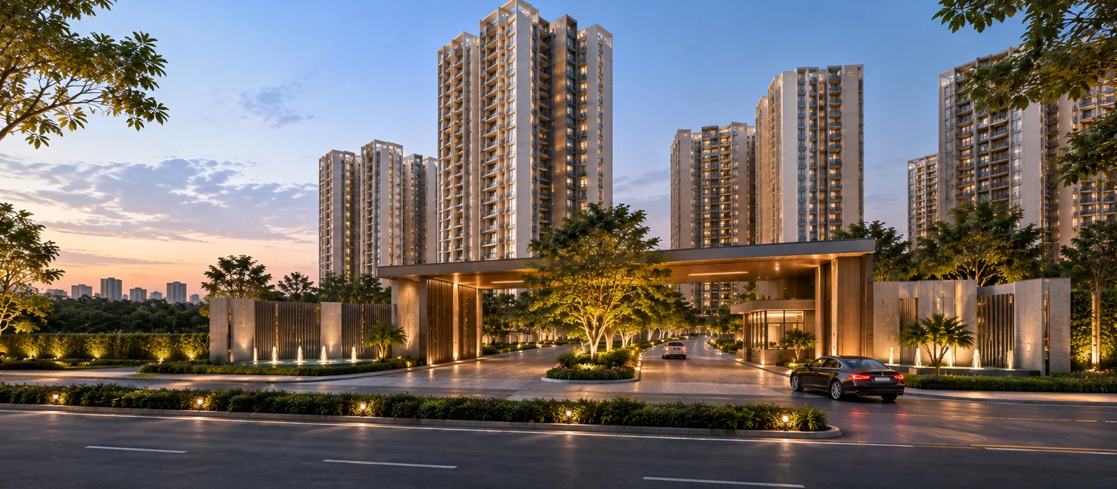 Artistic impression of a landscaped arrival driveway and drop-off at Prestige Electronic City