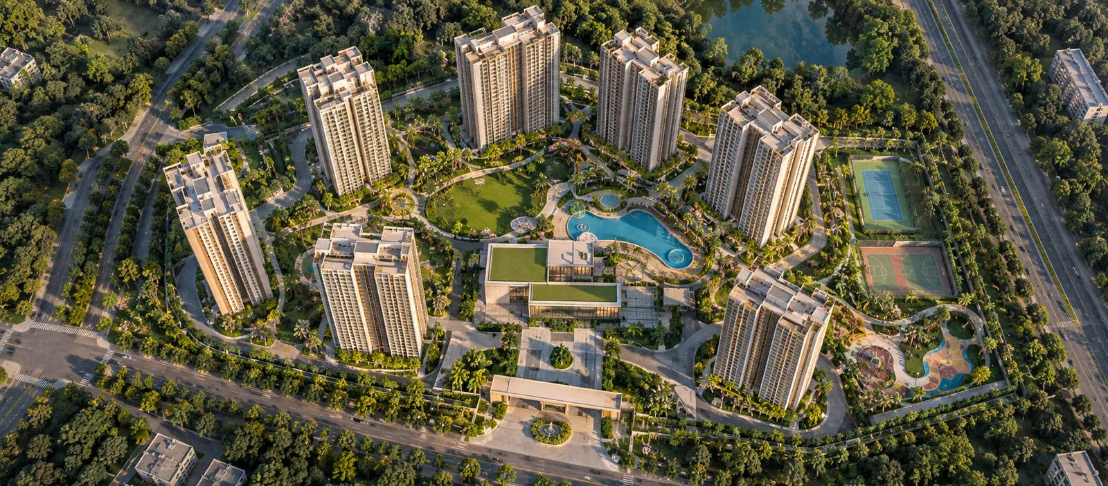 Artistic impression of a landscaped plaza between the two residential towers at Prestige Electronic City