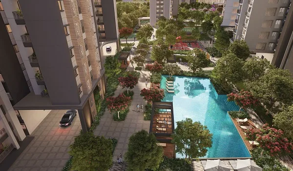 Water Feature Category — Representative Imagery Landscaped swimming pool zone bordered by greenery, representing water-feature amenities in a residential community